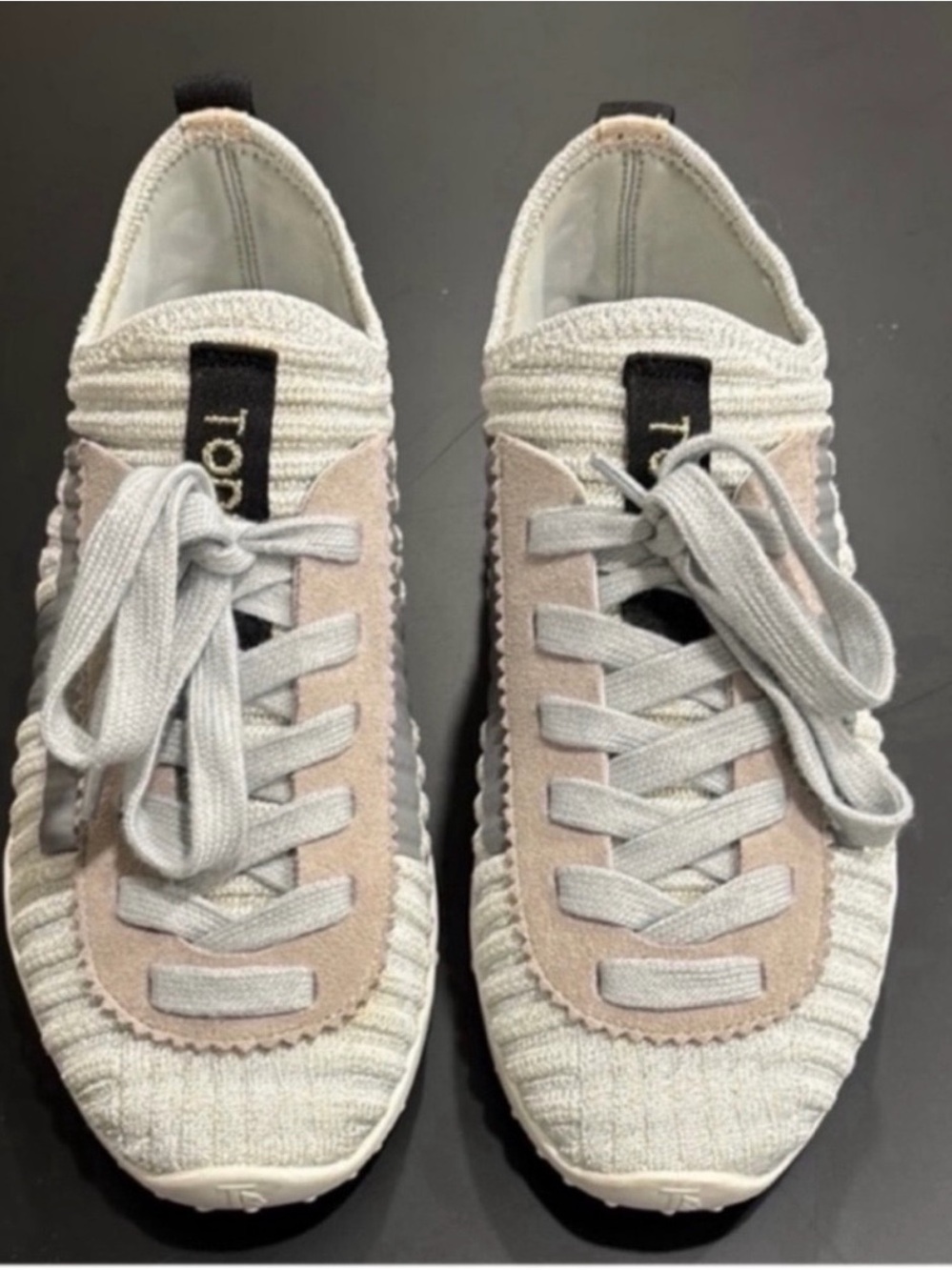 Tod's Cream Knit Sneakers with Light Gray and silver Suede Trim sz:37